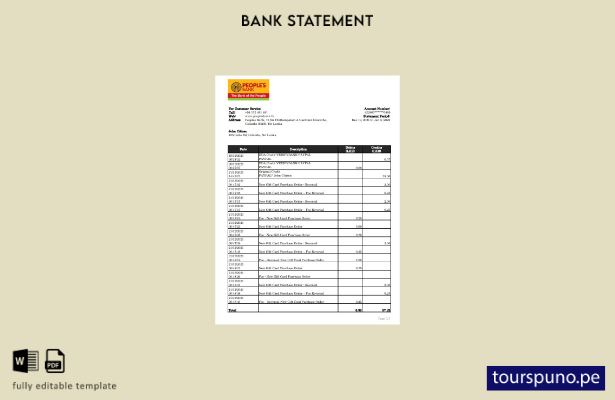 listo para imprimir plantilla de Excel del extracto bancario popular de Sri Lank
